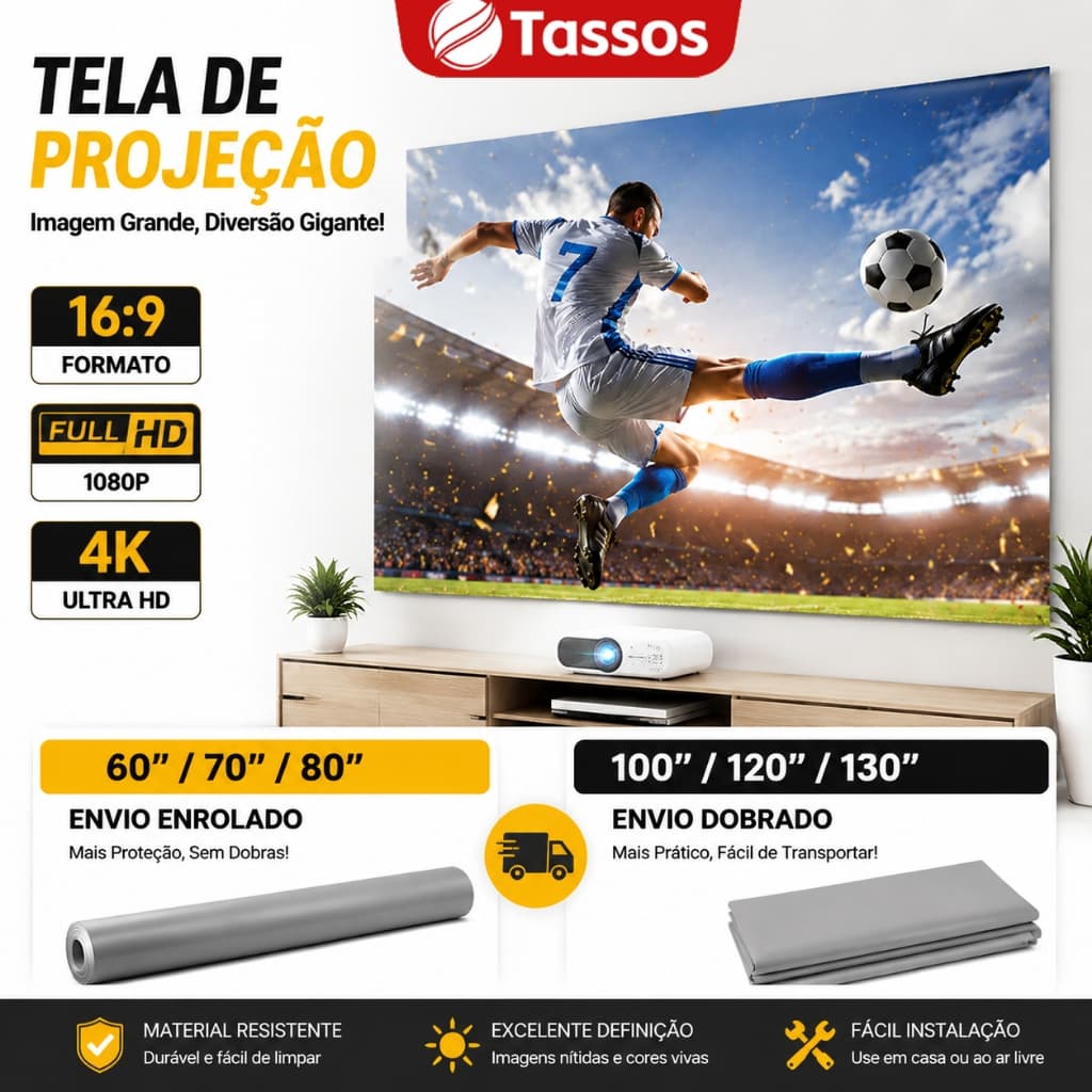 TASSOS Tela De Projeção Cinza Anti Luz 4K Full HD 80/100/120/130 Polegadas Anti Reflexo Alto Contraste Para Projetor
