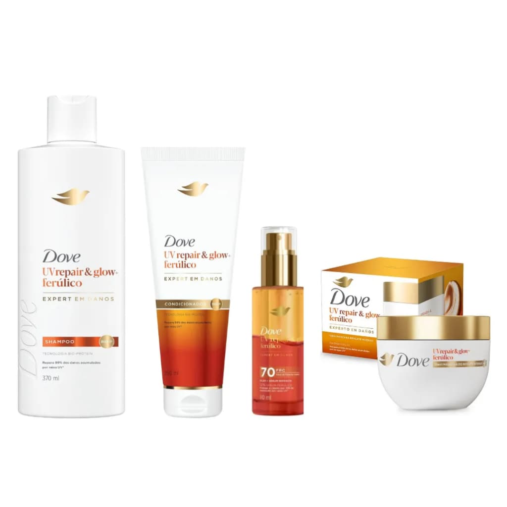 Kit Completo Dove UV Repair & Glow+ Ferúlico Shampoo 370ml + Cond 250ml + Máscara 250g + Sérum 110ml