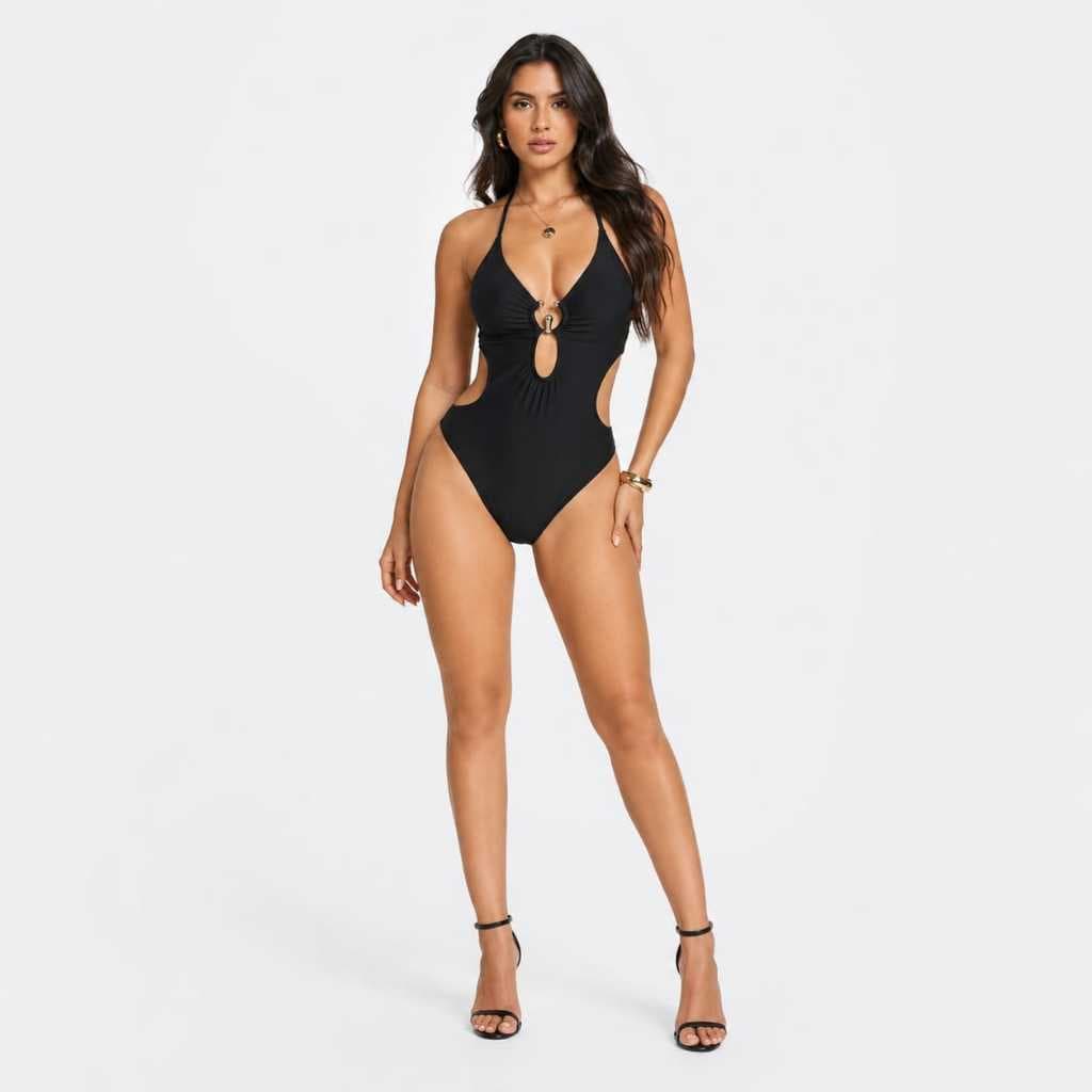 Body Maiô Feminino Vazado com Argola Frontal Decote Profundo Bojo Moda Praia Verão