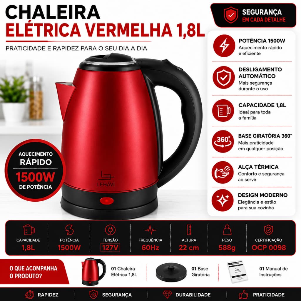 Chaleira Elétrica Inox Vermelha 1,8L 1500W 127V Desliga Automático 360° Chá Café Leite Água Quente