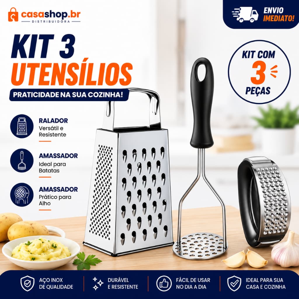 Kit Cozinha 3 Peças Amassador de Alho e Batata + Ralador 4 Faces Inox Multiuso