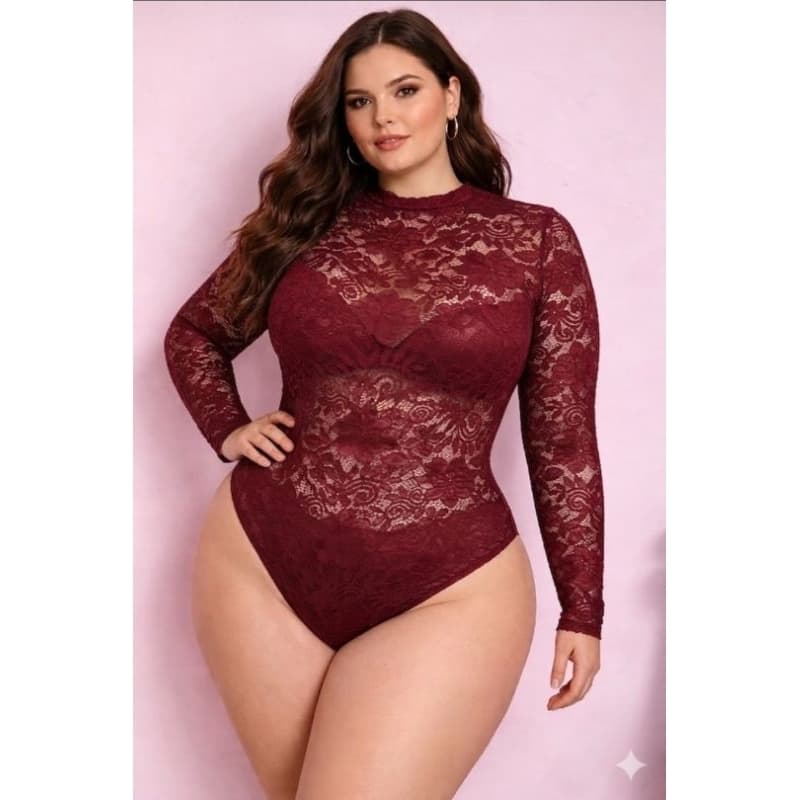 Body Feminino Plus Size de Renda > Manga Longa Modelagem que valoriza o Corpo.