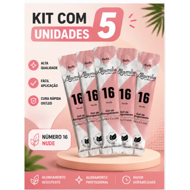 5 Unidades Refil Sachê Gel 16 Nude Real Love Linha Classic 15ml Alongamento Allsmile