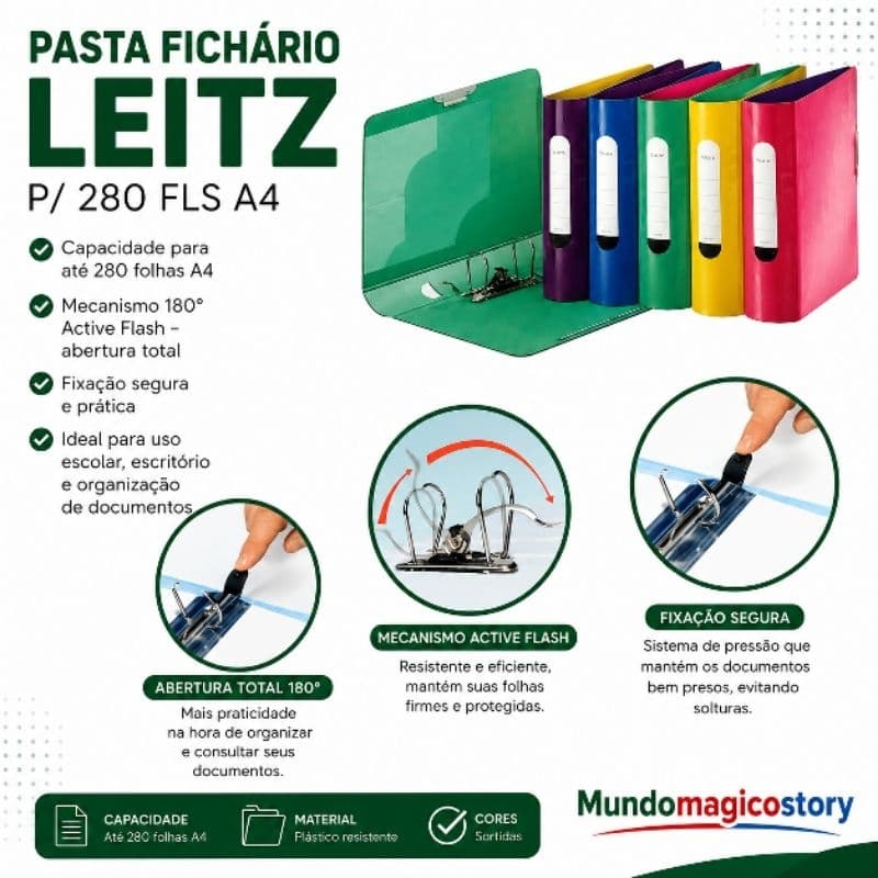 Pasta Arquivo Fichário Leitz A4 280 Fls Active Flash 180° Escolar e Escritório