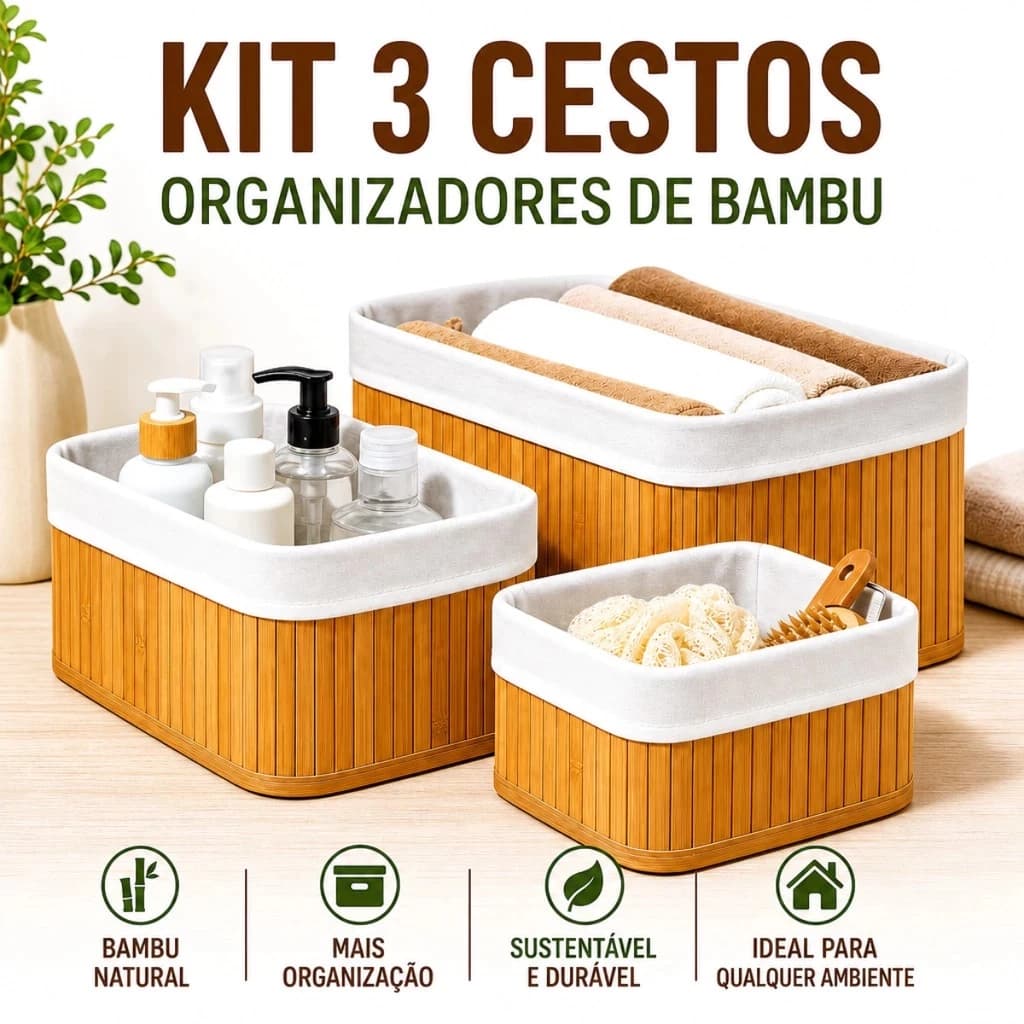 3 Cestos de roupa suja Organizadores de Bambu Multiuso com Forro Organizador Banheiro Cozinha Closet Quarto Lavanderia