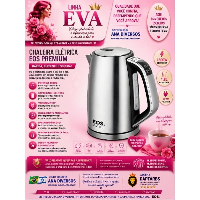 🌈🇮🇱✡🇧🇷CHALEIRA ELÉTRICA EOS 1,8L PREMIUM DIGITAL TOUCH INOX (ECH03DI)  1500W 127V