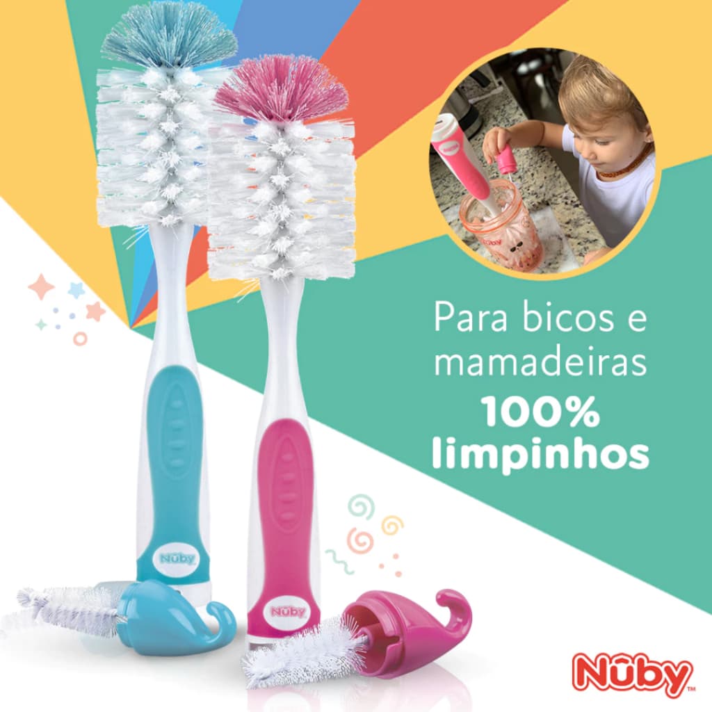 Escova de Mamadeira e Bico 2 em 1 com Gancho Limpeza Fácil Bebê Menino Menina