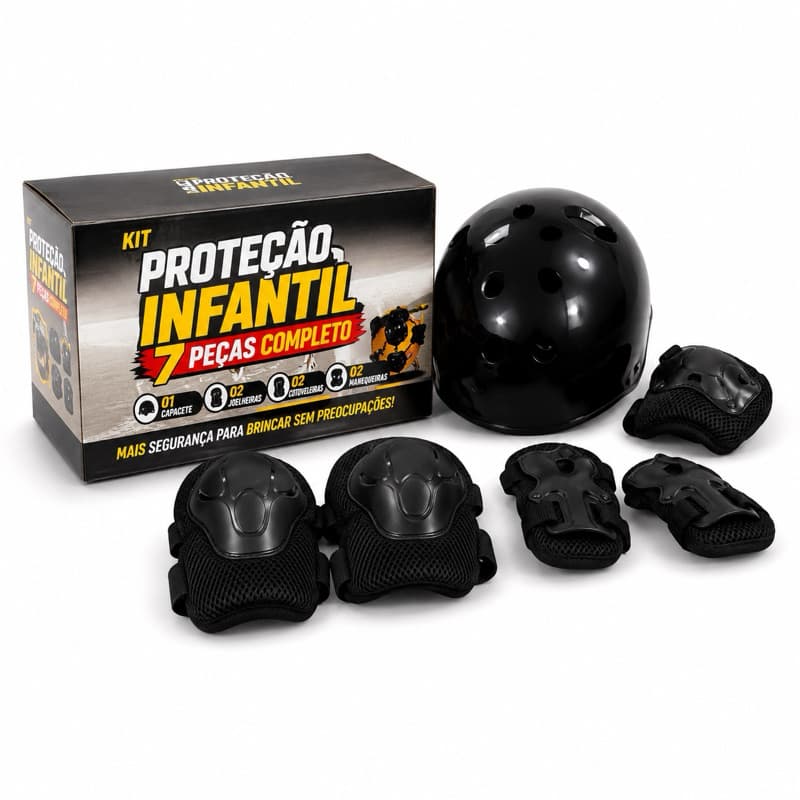 KIT DE PROTEÇÃO INFANTIL 7 Peças Capacete ,Joelheira e Cotoveleiras PRETO ROSA LILAS AZUL VERMELHO