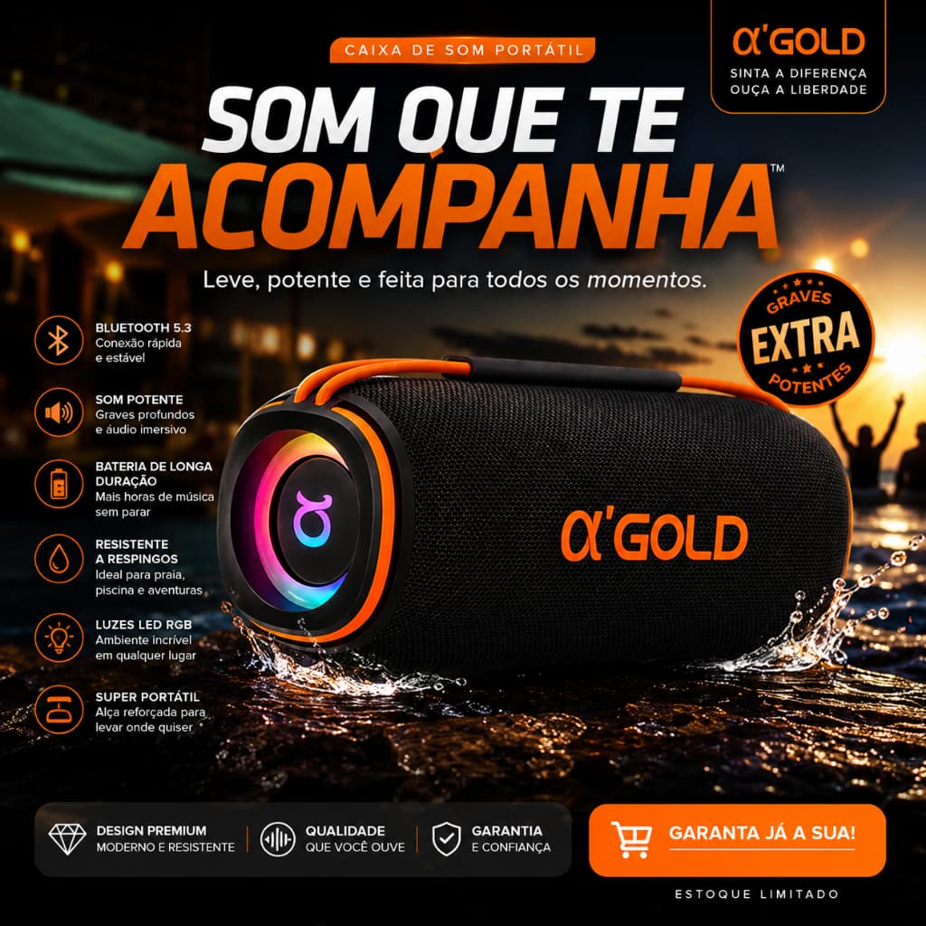 Caixa De Som Bluetooth Potente 30w Portátil Resistente a Água A'Gold Sm-07