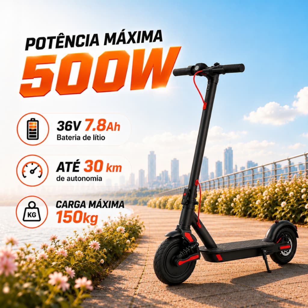 Patinete Elétrico Adulto 500W Dobrável com Amortecedor 30km/h Autonomia 30km Carga 150kg