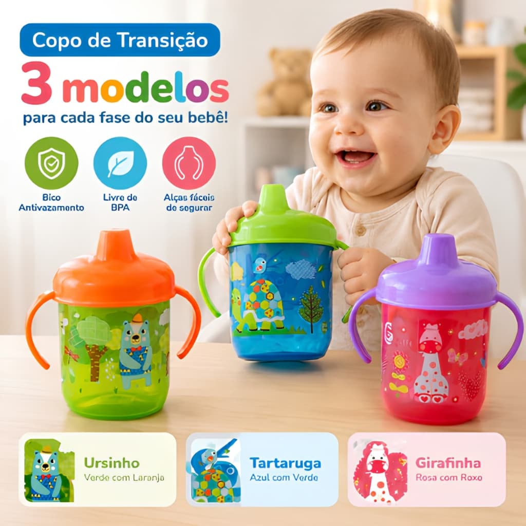 Copo de Treinamento Infantil Com Bico e Alça Canudo Transição Para Bebês 240ml BPA Free Antivazamento - Castela