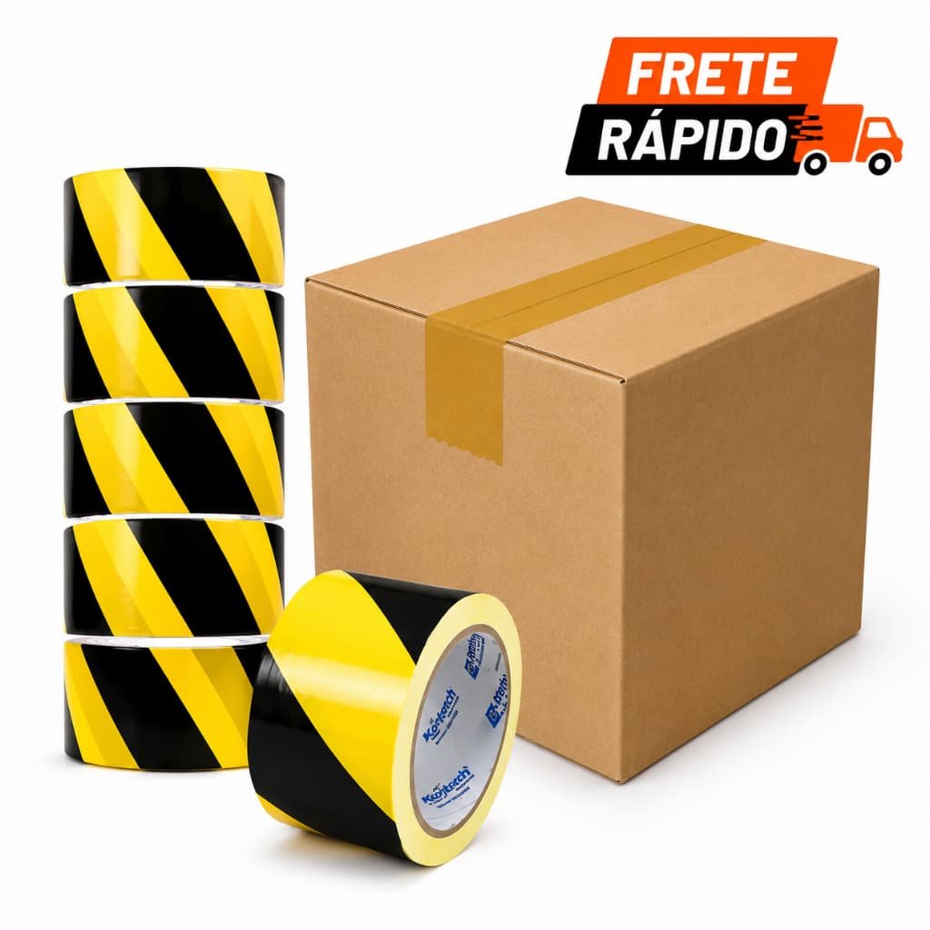 Kit 20un Fita Zebrada Plastcor 70mm x 200m Preta Amarela Sinalização Segurança Isolamento Obra Demarcação EPI
