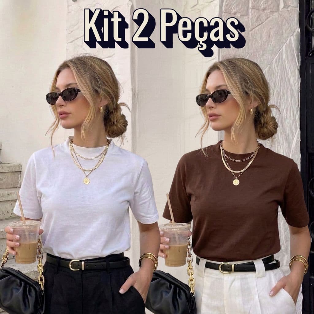 Kit 2 Blusa Feminina Camiseta Tshirt 100% Algodão Premium Gola Alta Elegante Confortável
