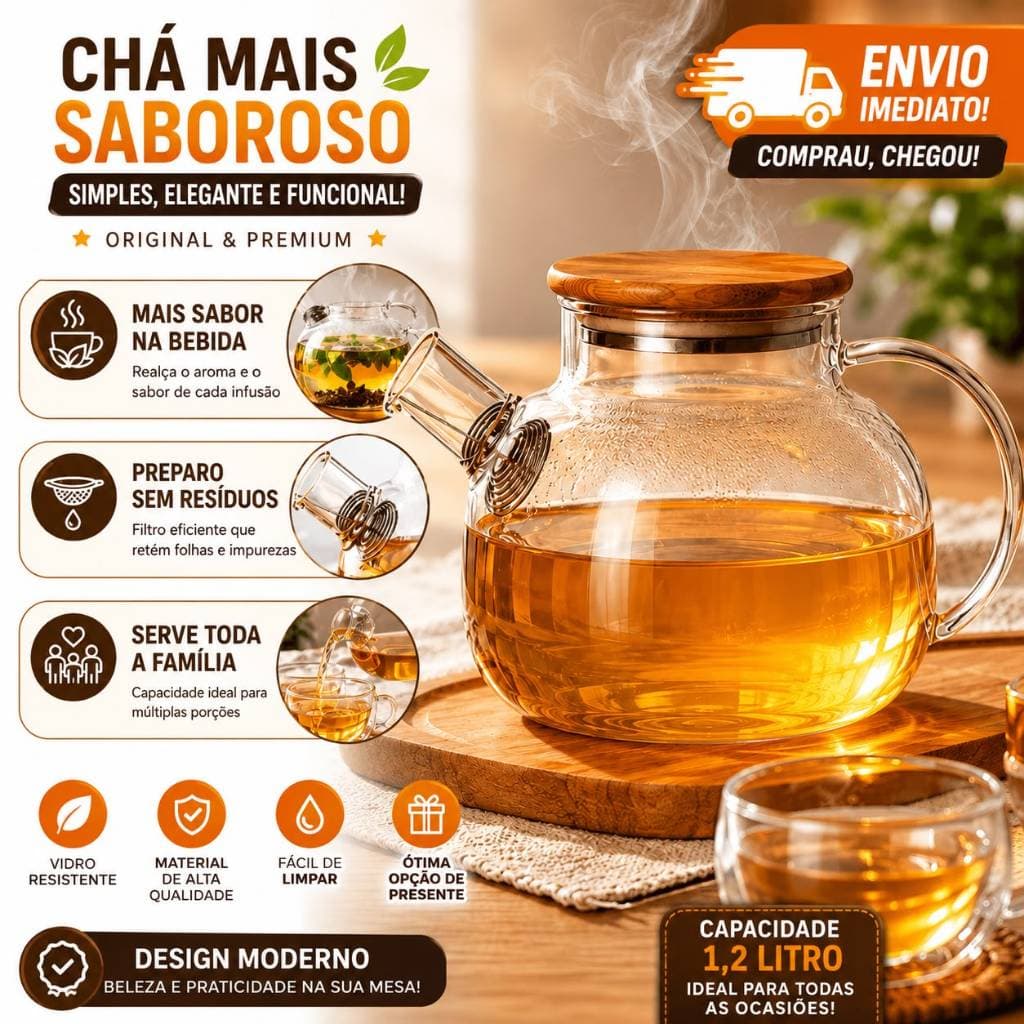 Chaleira de Vidro Borossilicato 1L para Fogão com  Tampa de Bambu e Filtro Inox