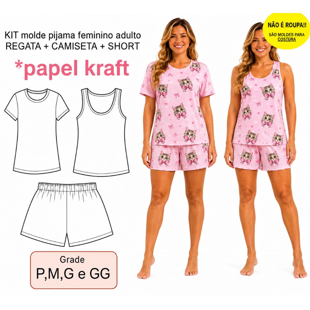 KIT Molde Pijama Feminino Adulto Regata + Camiseta + Short Multitamanhos P ao GG Impresso