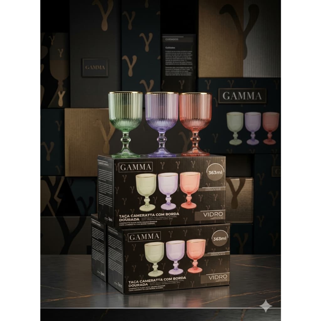 Jogo 6 Taças Vidro Coloridas Cameratta Canelado Borda Dourada 363ml Mesa Posta Agua Vinho Suco Luxo Kit Casa