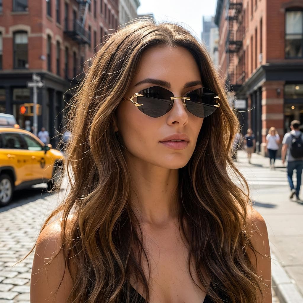 Óculos de Sol Feminino Armação Fina Metal Dourado Lente UV400 Preta Estilo Europeu Influencer Tendência Luxo VH 7695