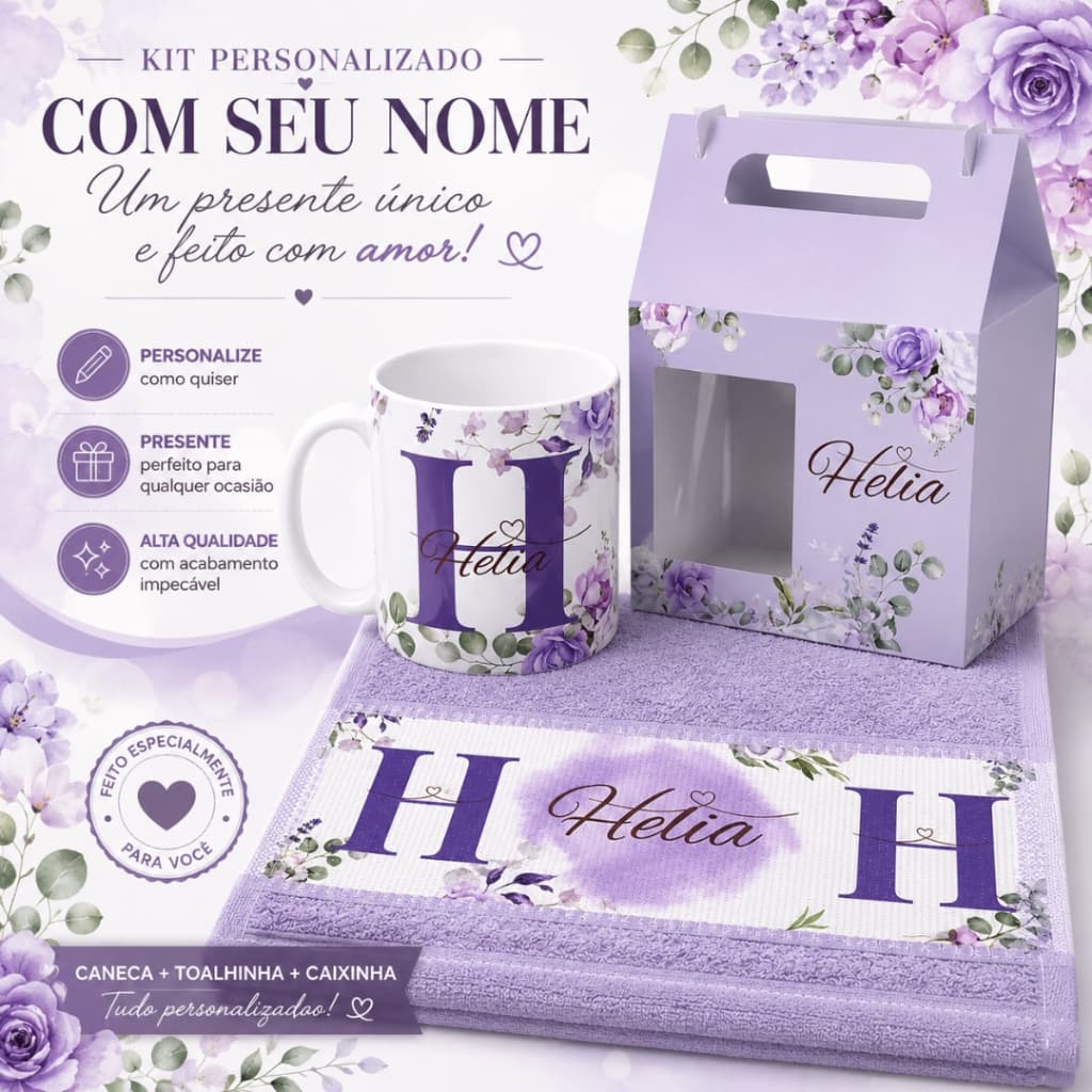 Kit Presente Personalizado Lilás com Nome Caneca Caixinha e Toalhinha