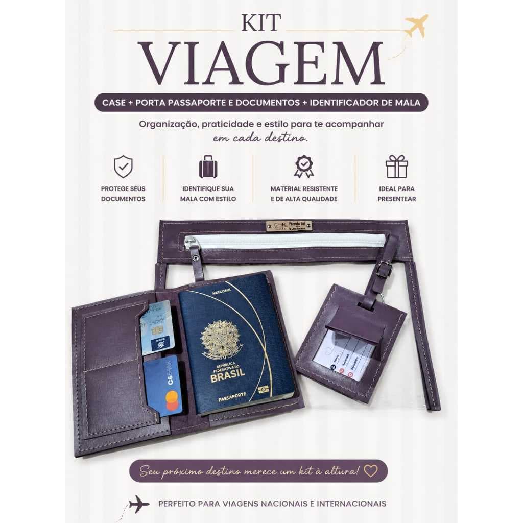 Kit Viagem Personalizado 3 Peças - Case Porta Passaporte Identificador de Mala Porta Documentos