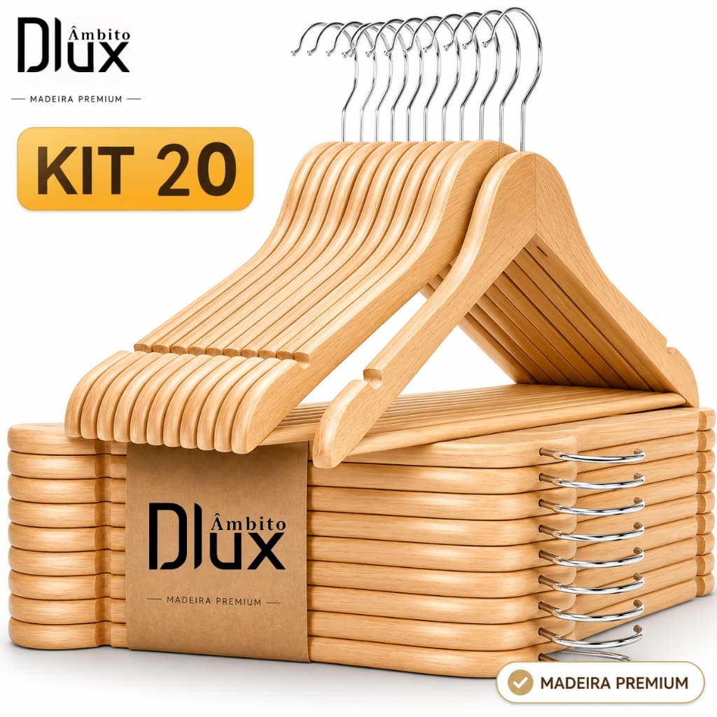 Ambito Dlux Kit 20 Cabides De Madeira Marfim Para Roupas Gancho Cromado Giratório Antiderrapante