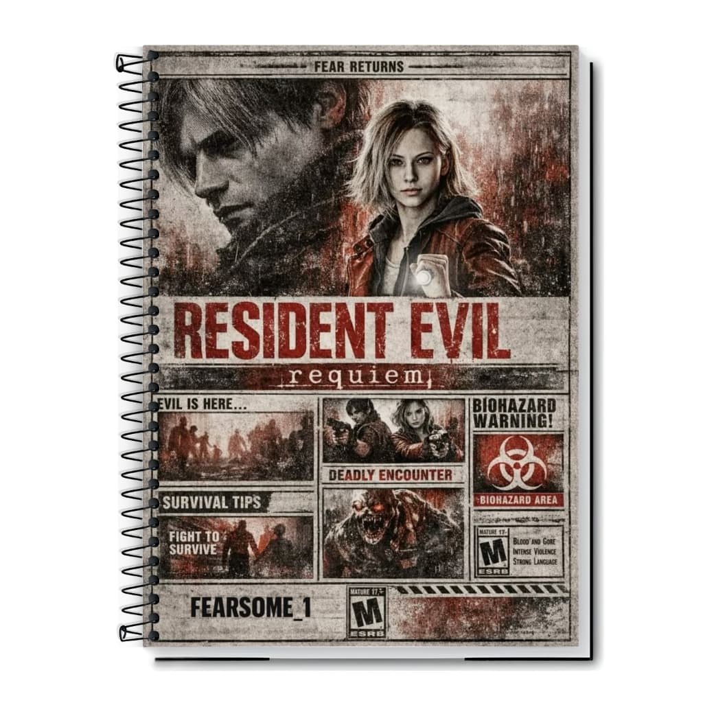 Caderno Universitário Resident Evil Requiem | Capa Dura & Espiral | 1,10,15 e 20 Matérias