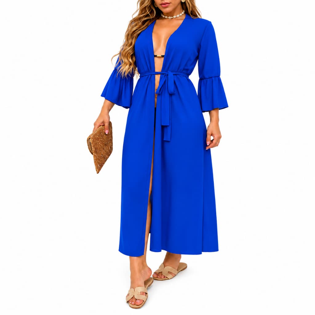 Saída de Praia Longa Kimono Elegance Manga Com Babado Lançamento