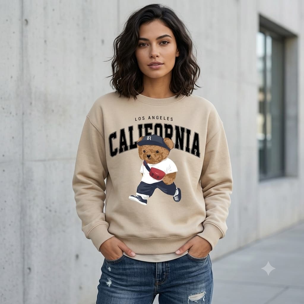 Moletom Feminino Gola Redonda Careca com Estampa Vintage de Urso Blusa De Frio Quentinha Estilosa