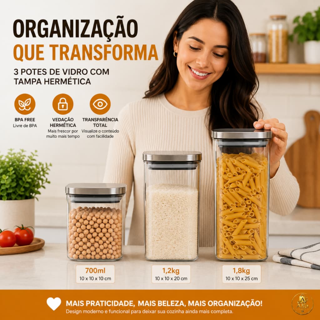 Pote Hermético Em Vidro Borossilicato Para Organização De Alimentos Cozinha Tampa Inox ou Bambu Livre BPA
