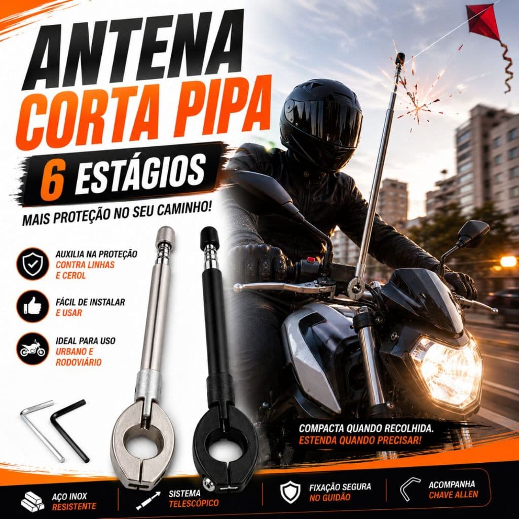 Antena de Proteção para Moto Retrátil 6 Estágios Corta Linha Cerol Aço Inox com Fixação no Guidão