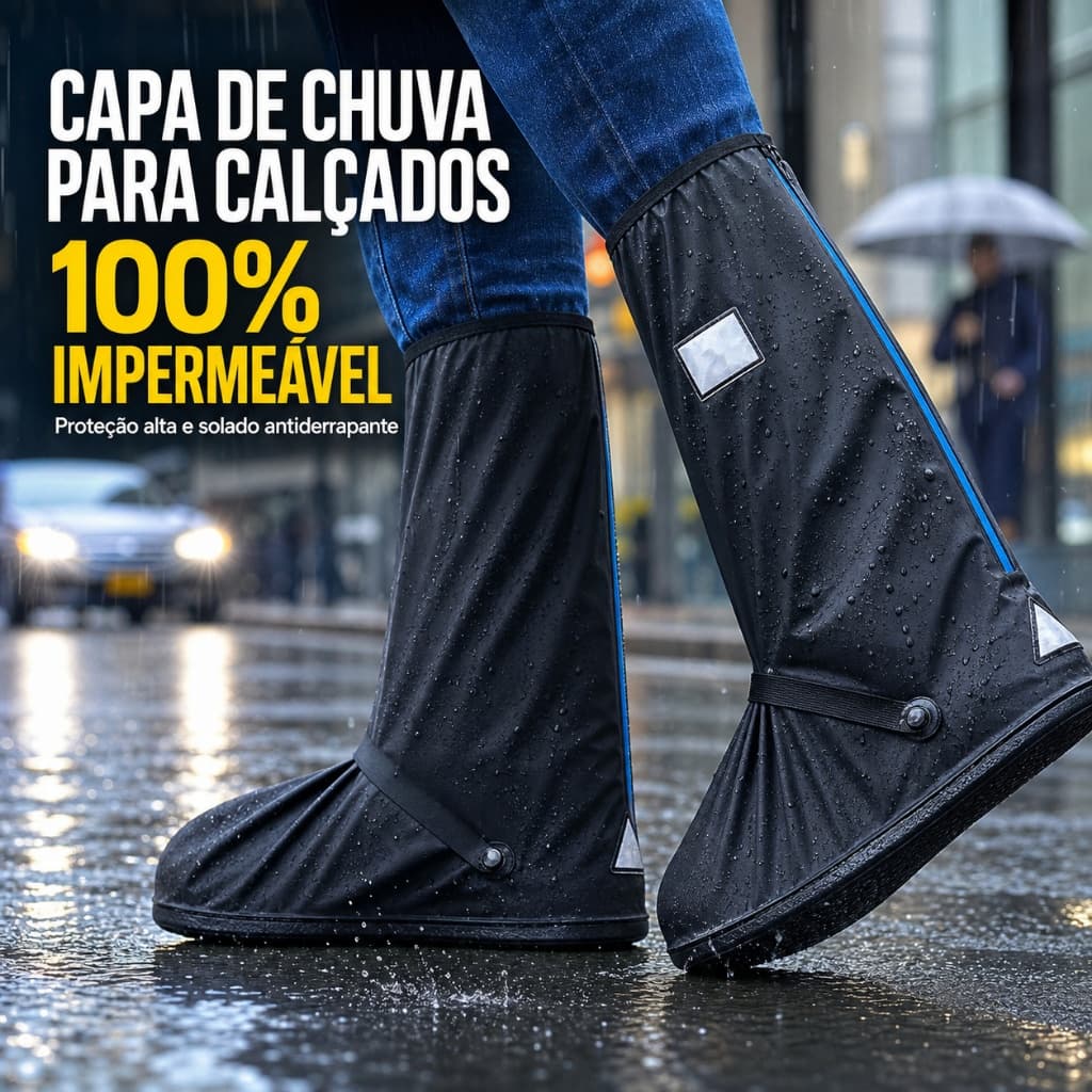 Bota de Chuva para Calçado Cano Alto com Zíper, Capa Impermeável Antiderrapante e Refletiva para Motoqueiro e Motoboy