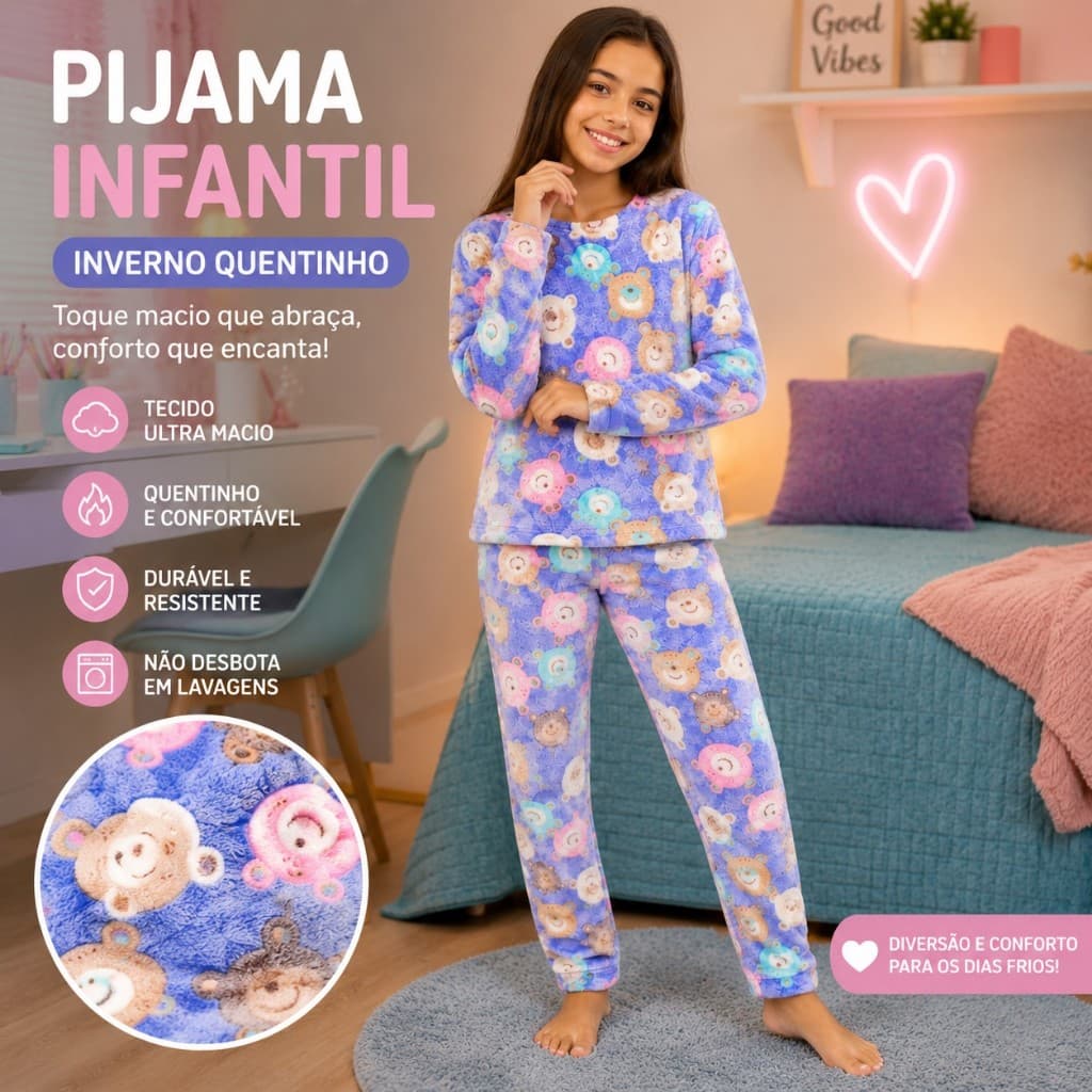 Pijama Juvenil Menina Soft Inverno Conjunto Blusa Manga Longa Calça Peluciada Quentinho