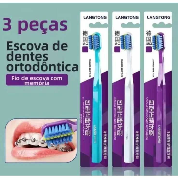 Kit 3 Escovas Ortodônticas Para Adultos Com Cerdas Macias E Tampa Protetora Contra Poeira