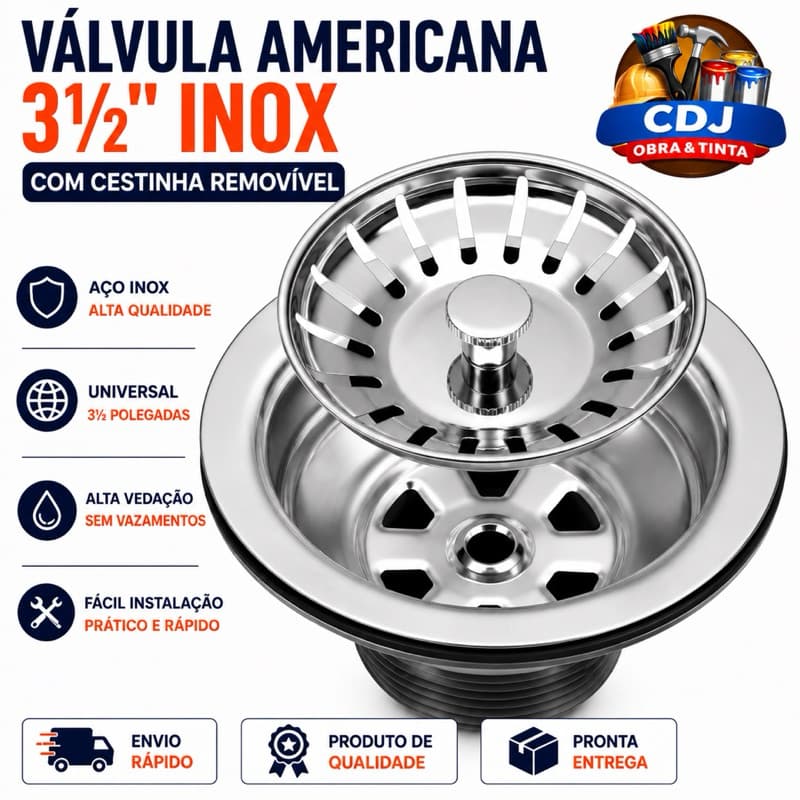 Válvula Americana 3 1/2 Aço Inox Com Cestinha Universal Para Pia Cozinha Cuba Gourmet Ralo Padova