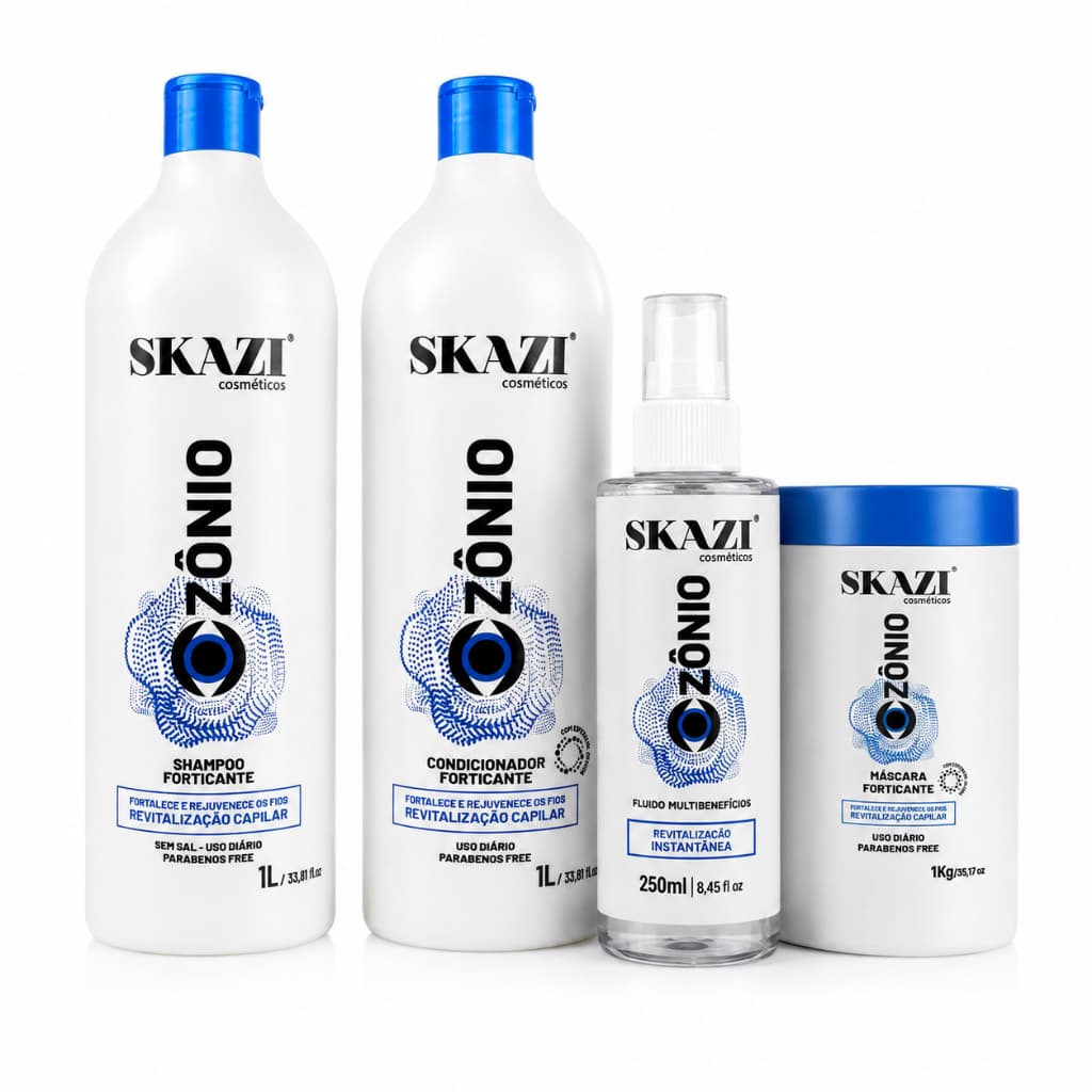 Kit Ozônio SKAZI Profissional Reconstrução Capilar Shampoo Condicionador Máscara Fluído Antifrizz