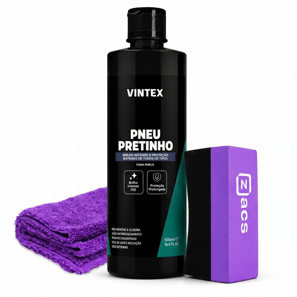 Kit Pretinho Pneu Vintex 500ml Vonixx + Aplicador Zacs + Toalha de Microfibra Automotiva