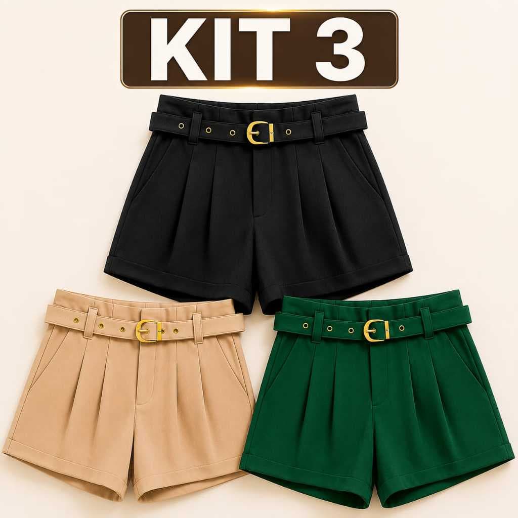 Kit 3 Shorts Alfaiataria Feminino com Cinto Forrado e Bolsos
