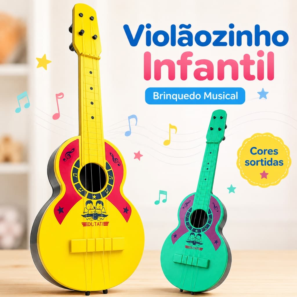 Violão Infantil Brinquedo Musical 4 Cordas Colorido Instrumento Infantil