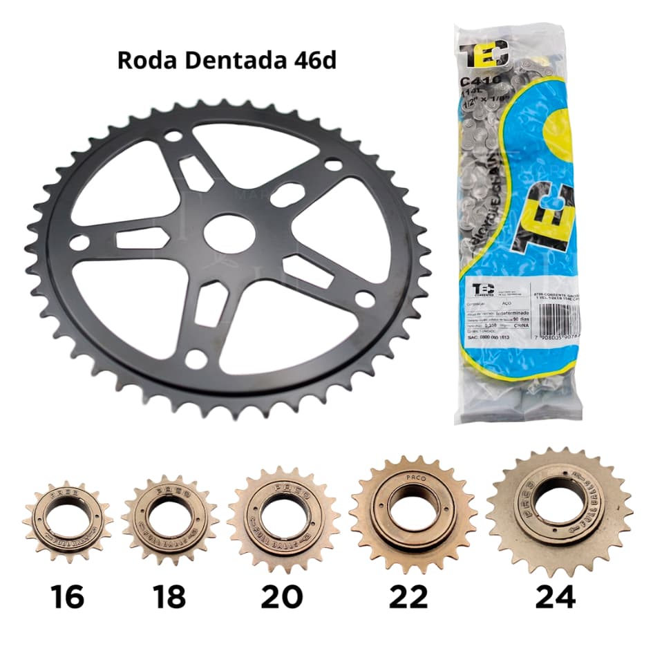 Kit Relação Bike Marcha Simples Coroa Roda Dentada 46d + Catraca Roda Livre 16 18 20 22 24d + Corrente 114 Elos