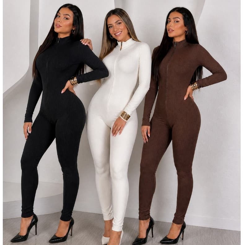 Macacão Canelado Virginia Feminino Moda Gringa Ziper Frontal Manga e Calça Longa Premium