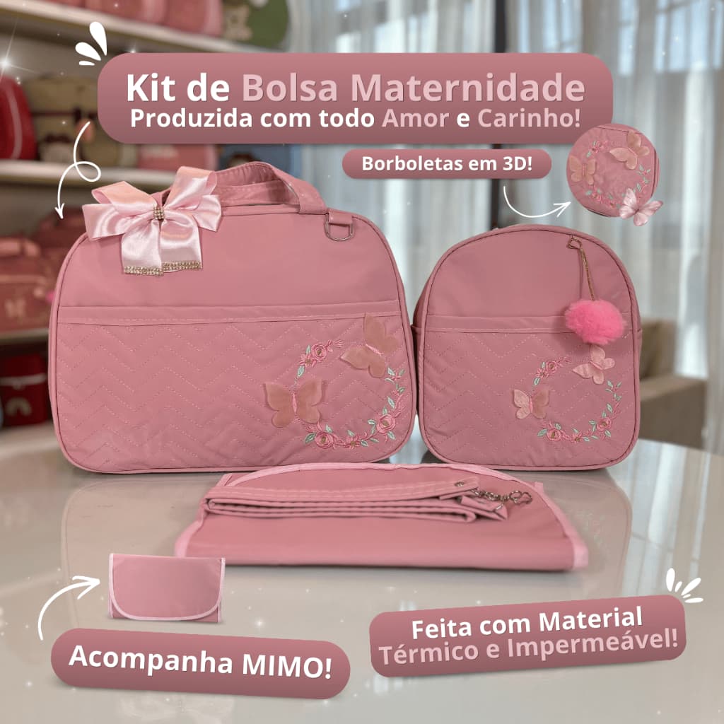 Kit Bolsa Maternidade para Recém-Nascidos com Tema Borboletas em 3D Rosa Térmica e Impermeável