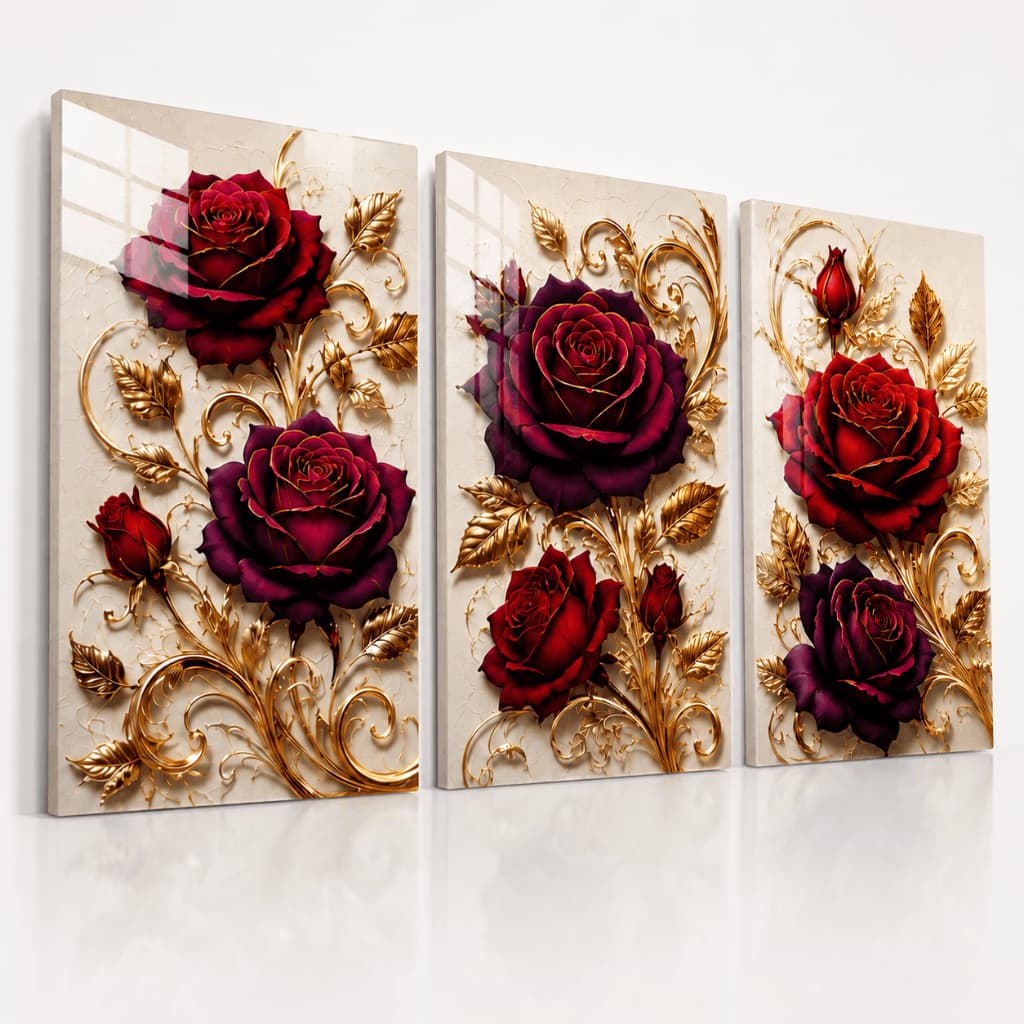 Kit 3 Quadros Decorativos Rosas Vermelhas e Roxas com Dourado para Sala e Quarto