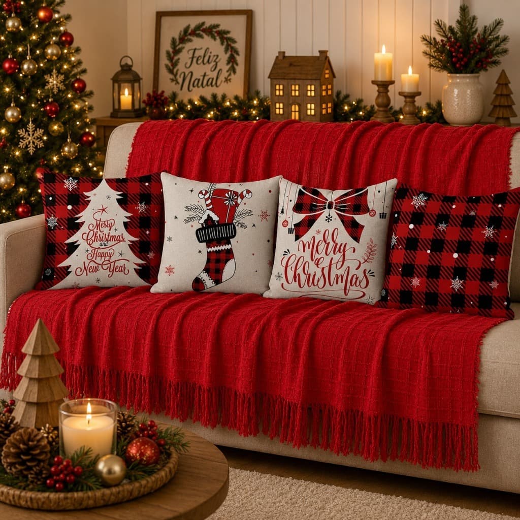 Kit Manta Decorativa 1,40x1,70 + 4 Capas de Almofada Natal 43x43 para Sala e Sofá Decoração Natalina