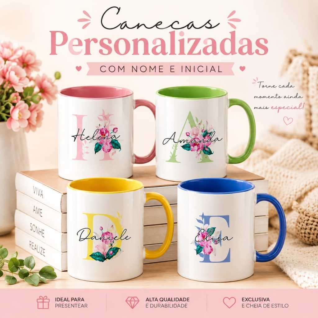 Caneca Personalizada com Nome e Inicial Floral | Presente Exclusivo em Cerâmica 325 ml