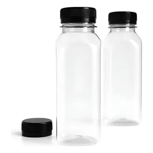 Kit 25 Garrafas  Plástica PET 300ml  Transparente Quadrada Tampa Preta para Sucos, Detox, Chocolate