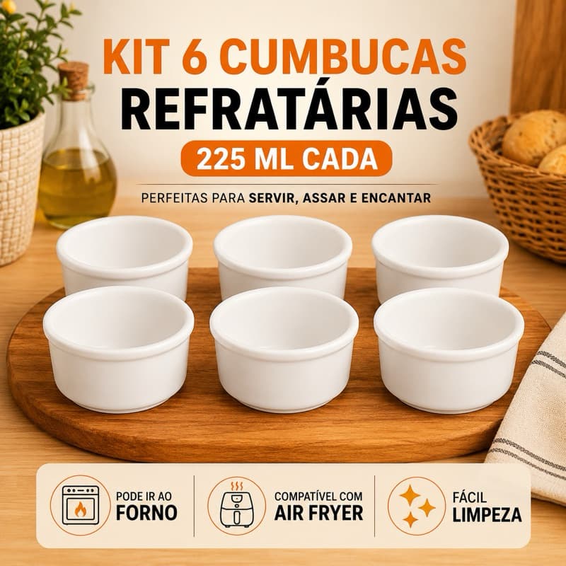 Kit 6 Cumbucas Bowl Tigela Refrataria 225ml Branca Forno e Mesa Ideal para Farofa Vinagrete