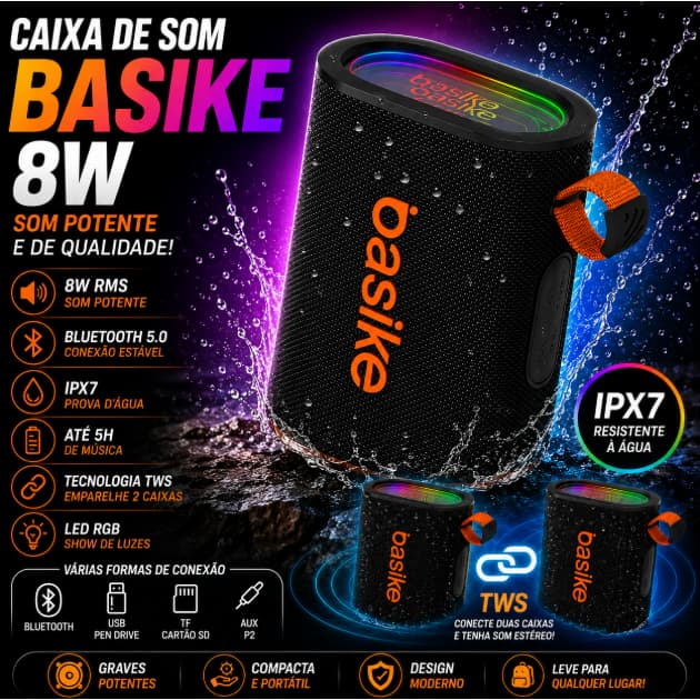Caixa de Som Bluetooth BASIKE 8W IPX7 TWS RGB Portátil Resistente à Água 5 horas de Reprodução