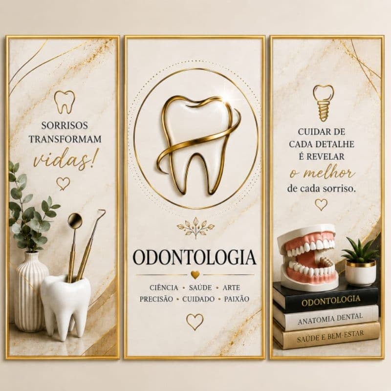 Quadro Decorativo Odontologia 3 Peças | Consultório Dentista | Decoração Clínica Odontológica