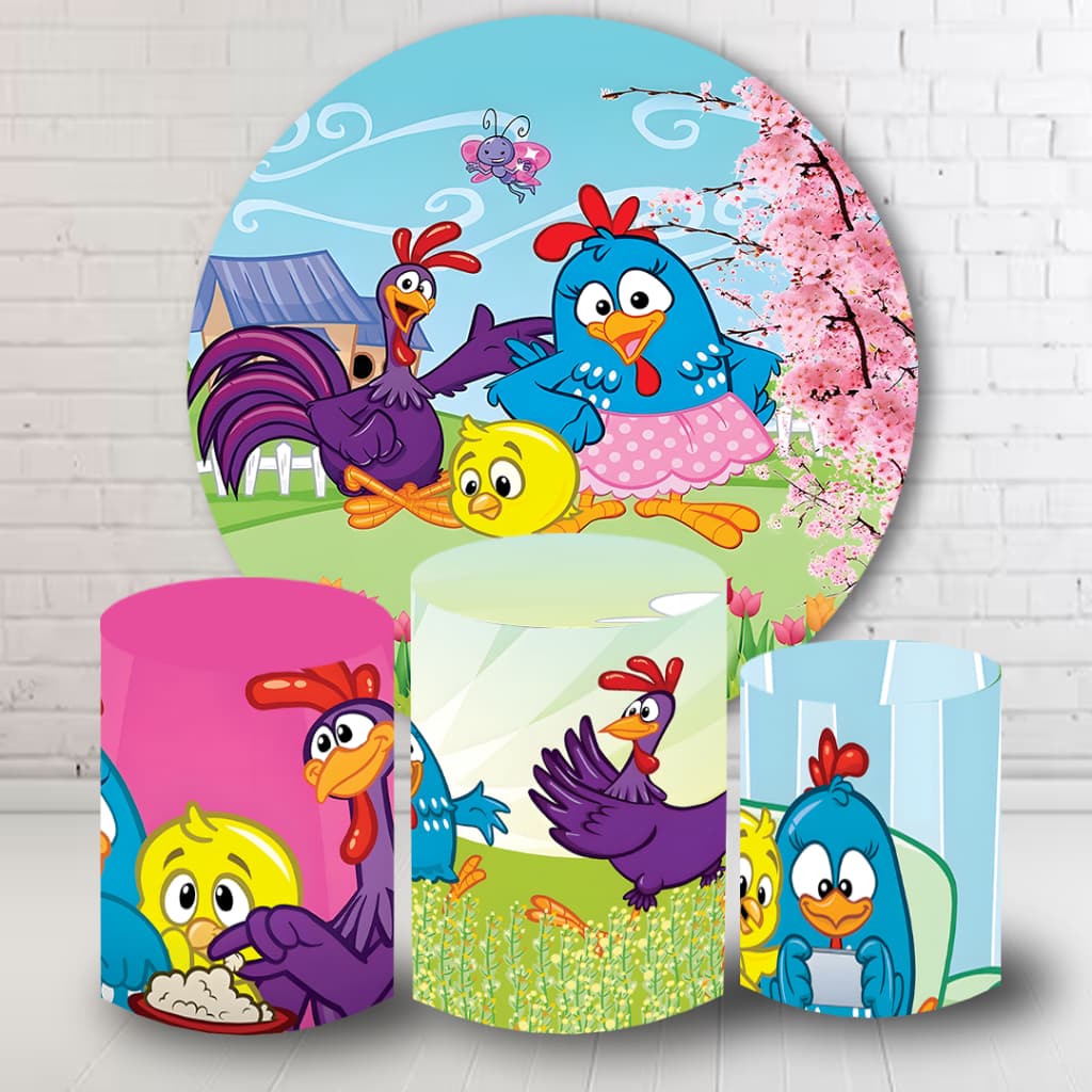 Kit Painel Decorativo + 3 Capas Cilindro Tema Galinha Pintadinha Varios Temas Aniversário Festa