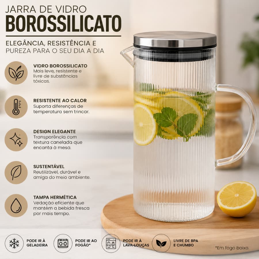 Jarra De Vidro Borosilicato Canelada 1.5L Jarra de Suco Sabrina Vista Home Tampa Inox Moderna