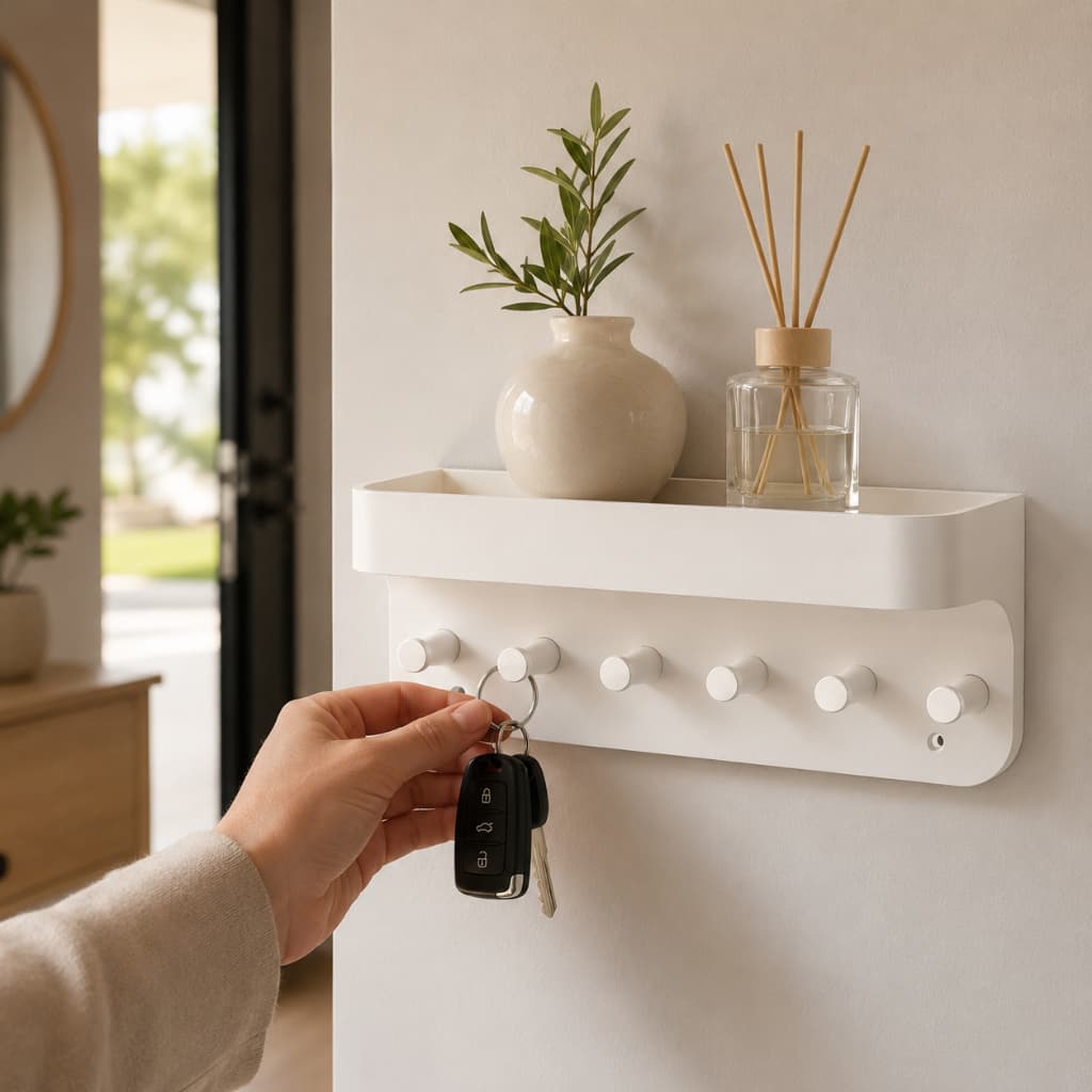 Organizador de Parede Porta-Chaves com Prateleira 6 Ganchos Design Minimalista para Casa